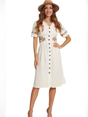 Roolee Cream Midi Dress with Orange Floral Embroidery 100% cotton